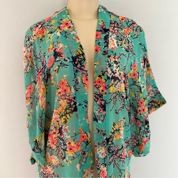 Mint Green Floral Sheer Kimono Pool Beach Cover up - Picture 4 of 6